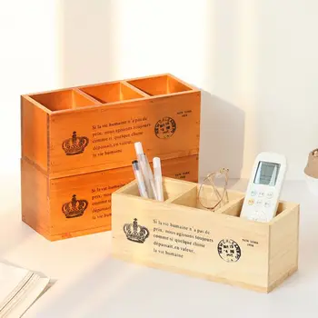 

Rectangular Retro Wooden TV Remote Control Pen Phone Holder 3 Grid Organizer Box K1MF