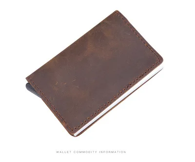 Men Wallet Automatic Credit card holder Crazy Horse Genuine Leather Aluminum Mini Wallet With Back Pocket ID Card RFID Blocking - Color: Crazy brown