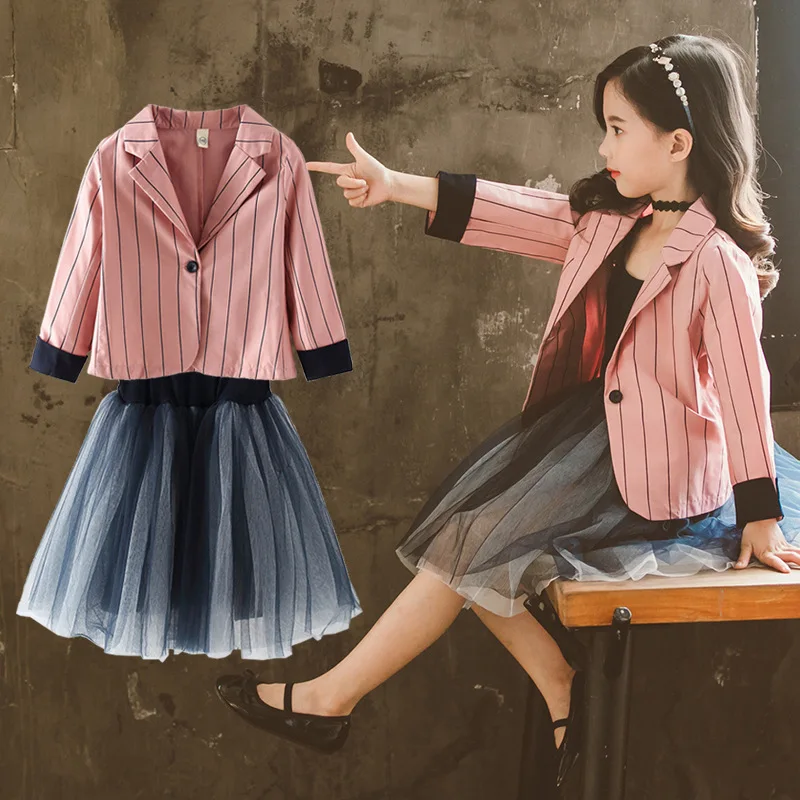 Комплект одежды для девочек; осенний костюм в полоску для девочек-подростков; куртка+ платье; школьный спортивный костюм; Одежда для девочек; детская одежда; От 4 до 13 лет