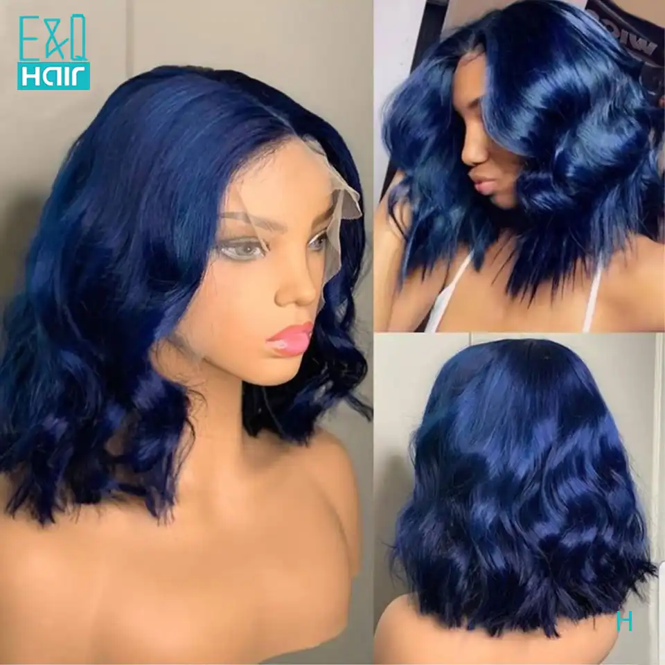 Peluca De Pelo Humano Frontal De Encaje 13x6 Onda De Color Azul Oscuro Para Mujeres Peluca De Pelo Pre Desplumado Brasileno Remy Bob Corto Peluca Con Malla Frontal 150 Aliexpress