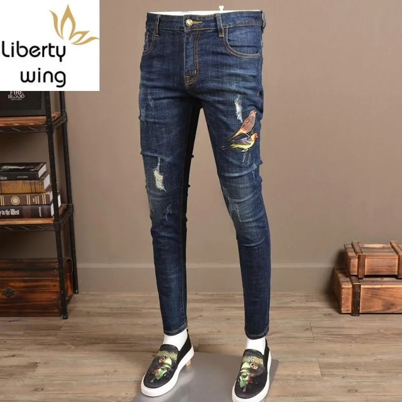 

Fashion Mens Hole Ripped Jeans Animal Printing Casual Stretch Slim Denim Pants Men Spring Fall Patchwork Trousers Male