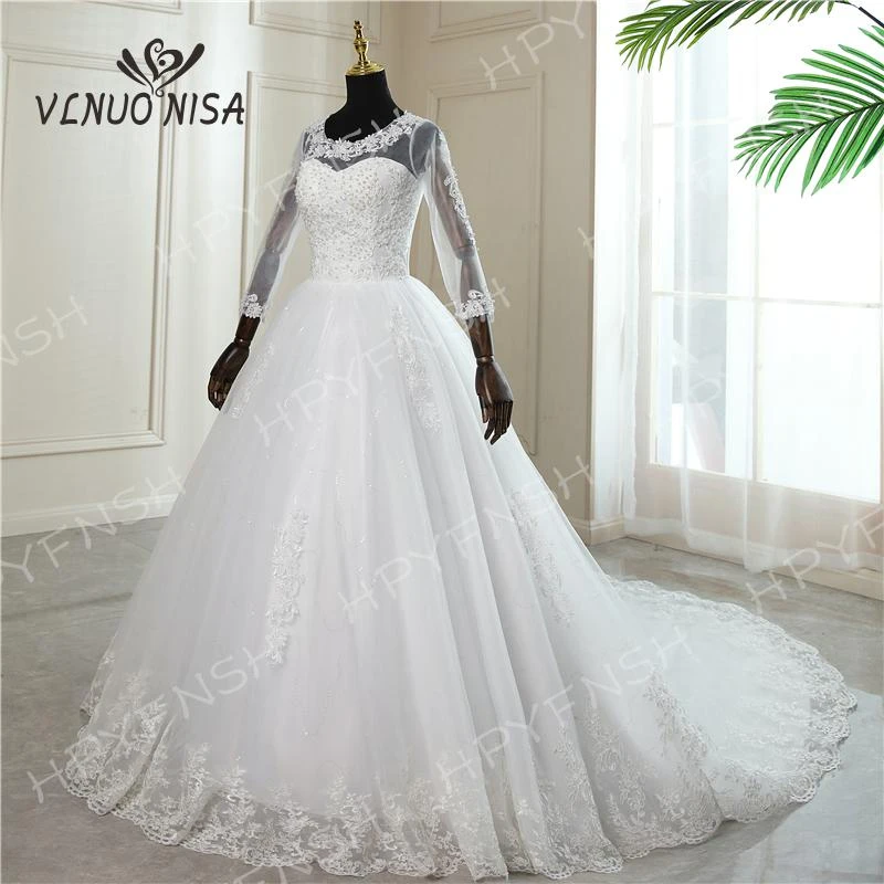 wedding dresses Real Video New Vintage O Neck Plus Size Wedding Dress with Sleeve Simple Long Train Lace Embroidery Bridal Gown Vestido De Noiva traditional wedding dresses