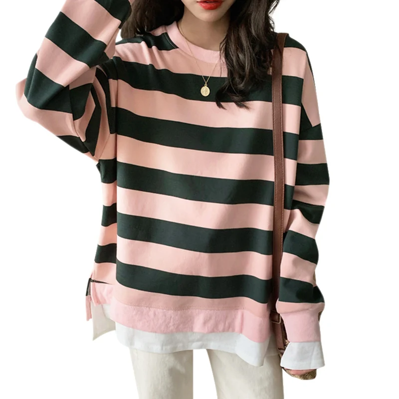 

Fake Two-piece Stitching Loose Sweater Tops Women Round Neck Pullover Long Sleeve Casual Stripes Print Tops T-Shirts