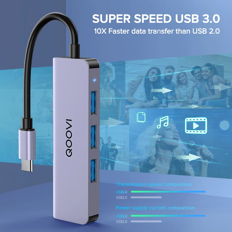 QOOVI Hub USB-C Adattatore 4 in 1 da Tipo C a USB 3.0 per MacBook iPad Huawei OTG - Image 6