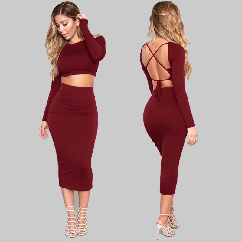 SKMY Women Clothing Bandage Lace-Up Backless Long Sleeve Crop Top Bodycon Midi Skirts Two Piece Set Outfits Solid Color