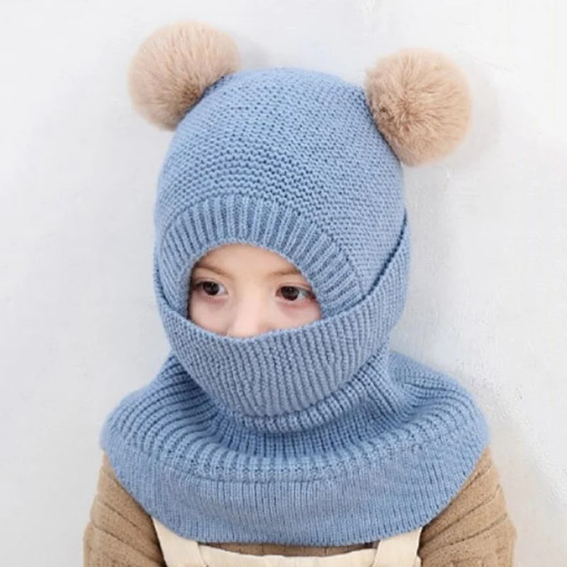 Зимняя шапка для детей 2-6 лет, шапочки для мальчиков, шапочка с двумя помпонами, детские вязаные шерстяные теплые шапки, защищающие шею лица, шапки-ушанки для девочек
