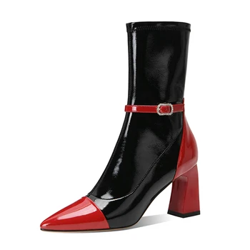 

Fashion Mixed Colors Women ankle boots Genuine Leather Pointed Toe Thick high Heels Shoes Woman Winter Party Office Lady Pumps