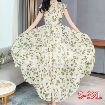 

Female Chiffon Dress 2020 New Women Summer Temperament Short Sleeve Stand Collar Slim Waist Slim Print Chiffon Long Maxi Dress