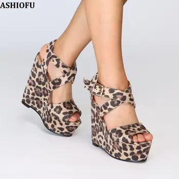 

ASHIOFU Handmade New Ladies Wadge Heel Sandals X-buckle Strap Sexy Club Platform Shoes Party Prom Evening Fashion Sandals Shoes