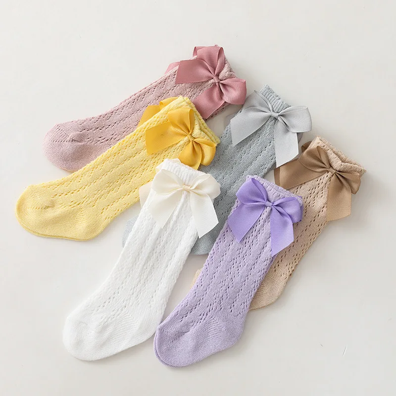 0-7 Years Summer Kids Socks Bow Baby Girls Long Sock Knee High Cotton Hollow Out Toddlers Socks Mesh Children Princess Sock cotton socks children socks cotton knee socks