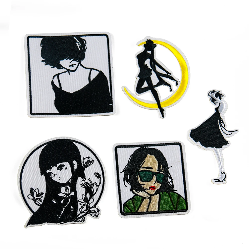 

5 Styles of Creative Embroidery Patches Pretty Girl and Animation Maiden Warrior Patches in Black and White Costume Decorations