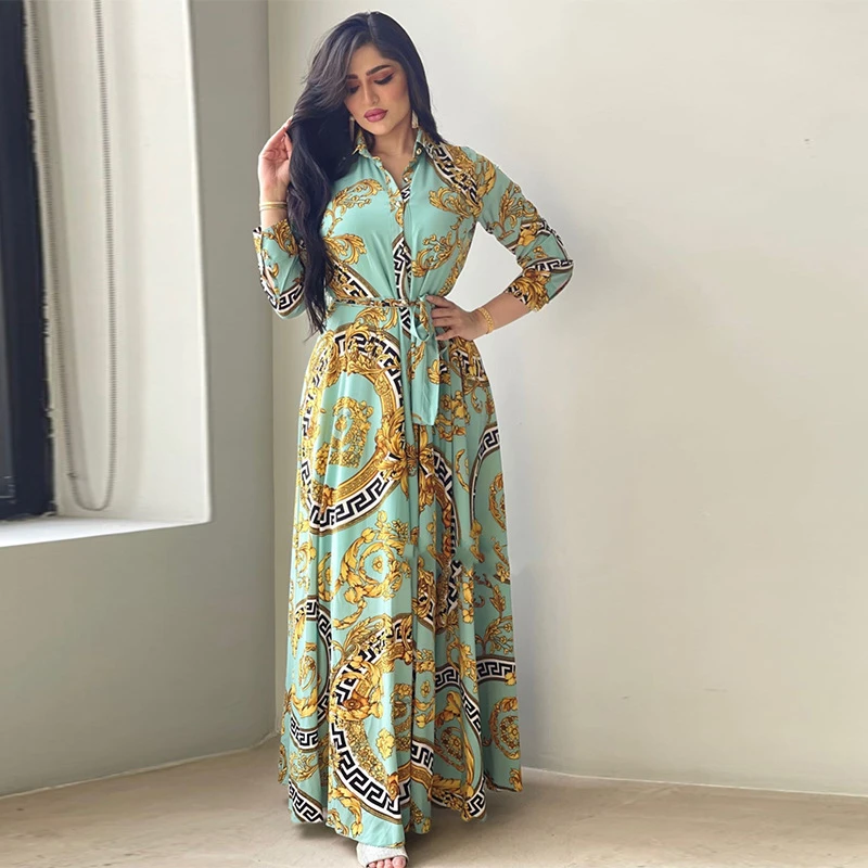 Vestido estampado musulmán camisa de manga larga vestidos de primavera  otoño elegante mujer túnica de Dubái Caftan noche Casual ropa nueva S  2XL|Vestidos| - AliExpress