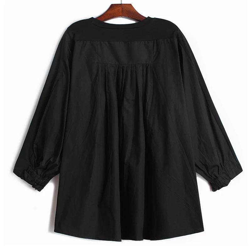 [EAM] Women Black Irregular Pleated Big Size T-shirt New Round Neck Long Sleeve  Fashion Tide  Spring Autumn 2020 1DA567