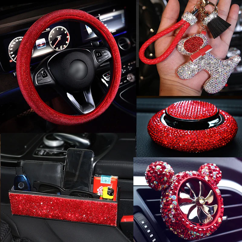 Luxury Red Rhinestone Diamante Car Steering Wheel Covers for Girls Crystal Auto Interior Accessories Tissue Holder Vent Clips