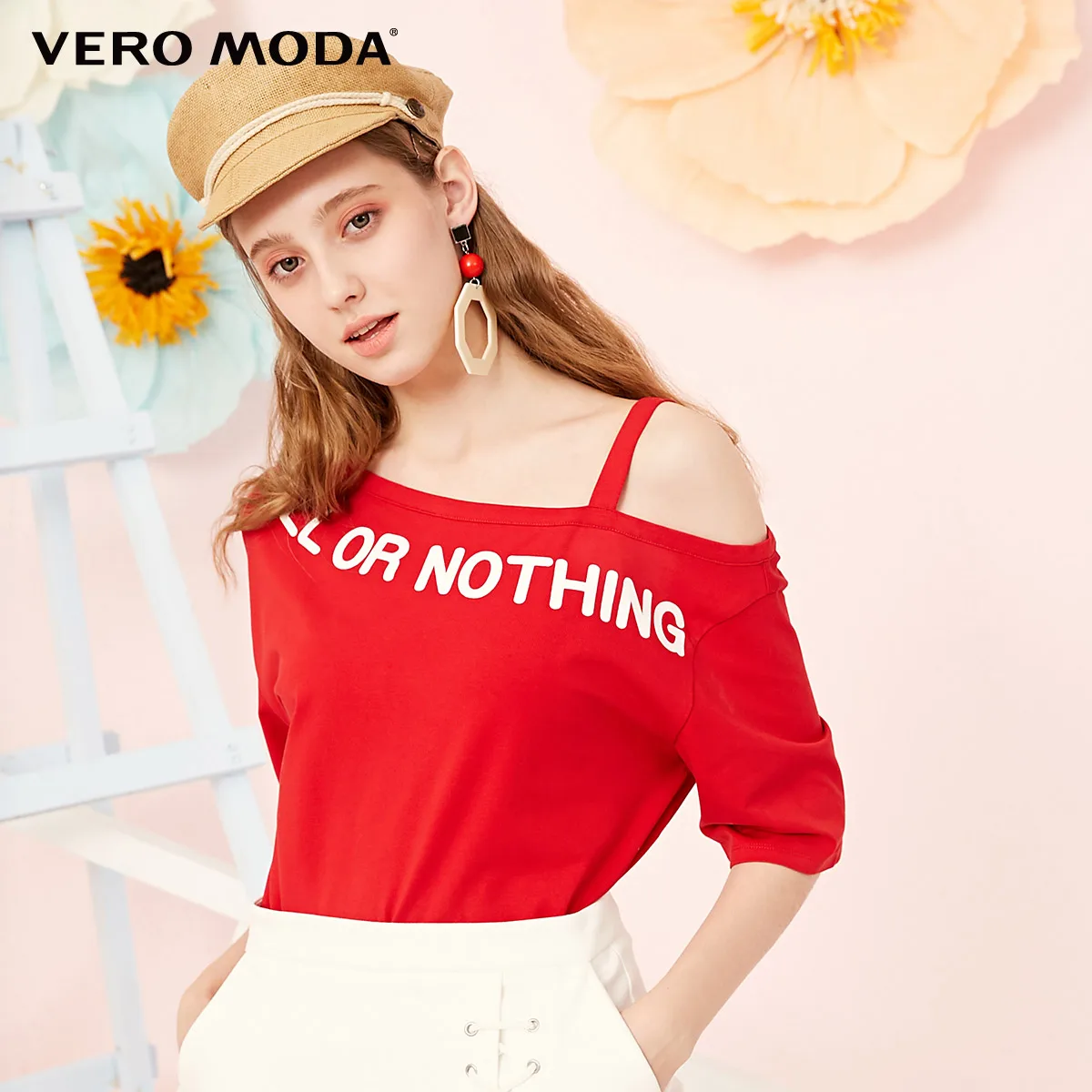 Red heart Vero Moda Новая Женская Асимметричная диагональная футболка с коротким рукавом | 3191T1504 - Цвет: Red heart