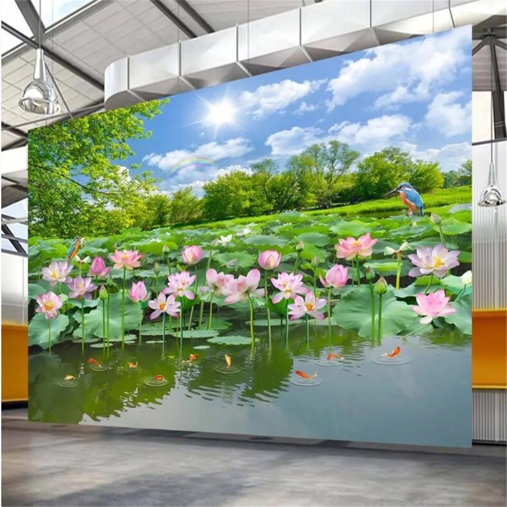 

Milofi custom large wallpaper mural lotus pond beautiful natural scenery lotus landscape painting living room TV background wall