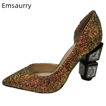 

Bling Gradient Color Sequined Cloth High Heels Side Cut Outs Pointy Toe Unique Printed Flower Strange Heel Wedding Shoes Woman