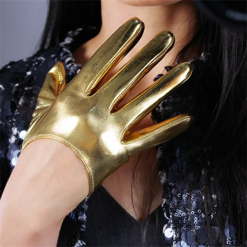 Новинка, лакированные кожаные перчатки длиной 28 см, сохраняющие тепло, женские кожаные перчатки, зеркальные, яркие, золотые, женские, WPU19