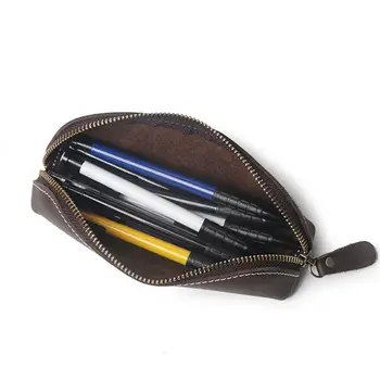 

Handmade Genuine Leather Pencil Bag Vintage Retro Style Cowhide Zipper Pen Case School Bag Glasses Case Office Stationery Gift