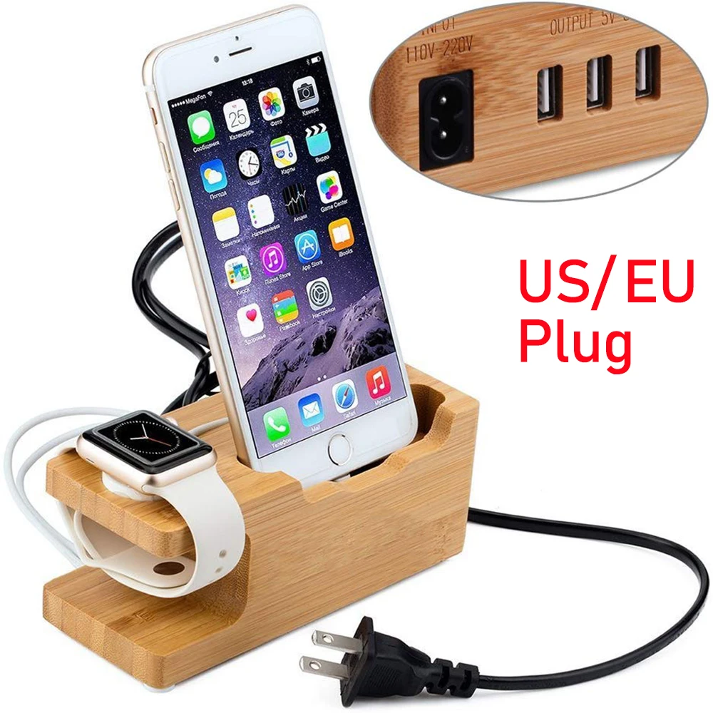 Support de station de charge USB en bois de bambou pour Apple