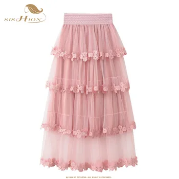 

SISHION 2020 Tulle Lace Summer Skirt WF0063 Cake Style High Waist Ladies Women Skirts Long Party Pink Grey Black White Skirt