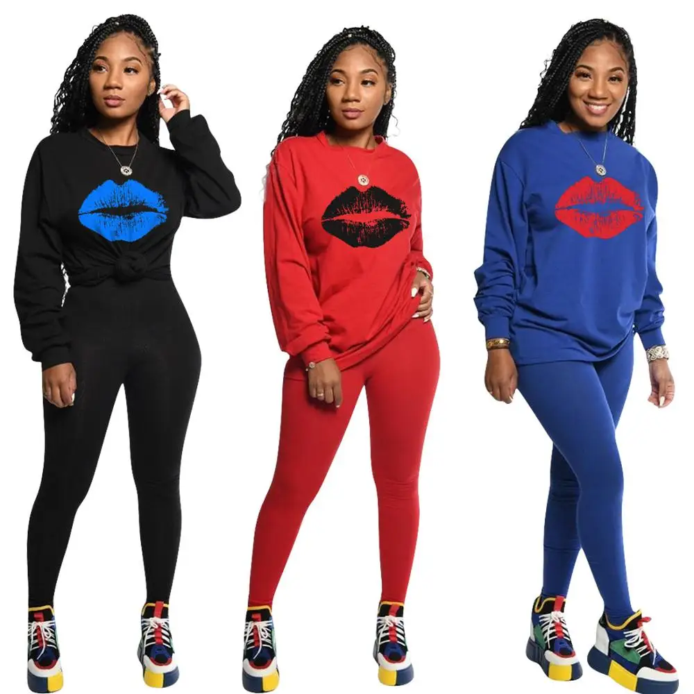 

Echoine Autumn Winter Women Tracksuit Two Piece Set Lip Print Sweatshirt Tops and Pants Sportwear Casual Black Red Matching Set