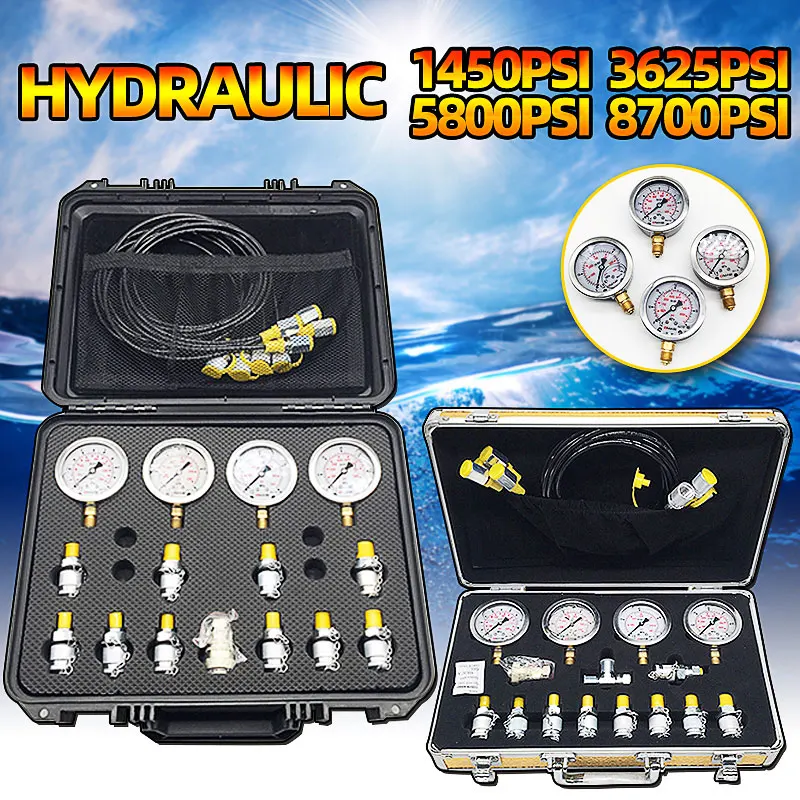 

Portable Hydraulic pressure guage Excavator Hydraulic Pressure Test Kit w/ Testing Point Coupling vacuum Coupling and gauge Tool