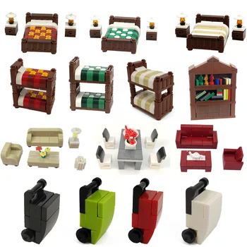

City Building Blocks MOC Suitcase Table Desk Sofa Bed Bookshelf Education Toys For Children Citys Accessories Kids Gifts Model
