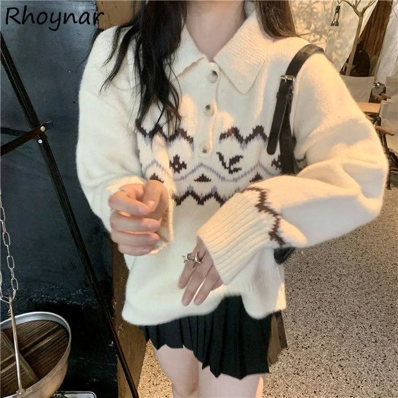 

Pullovers Women Turn Down Collar Cozy Loose Lazy Preppy Design Striped Popular Tender Elegant Casual All-match Feminino Ulzzang