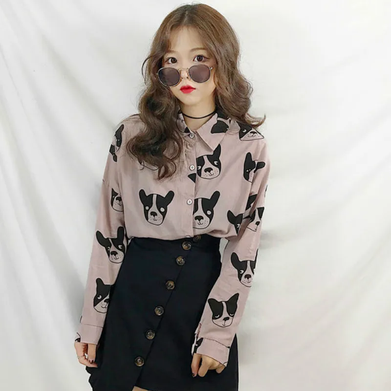 dog pink blouse Woherb, винтажные повседневные блузки для женщин, отложной воротник, длинный рукав, рубашки с рисунком собаки, свободные топы для женщин, корейская мода, новинка 91107 - Цвет: dog pink blouse