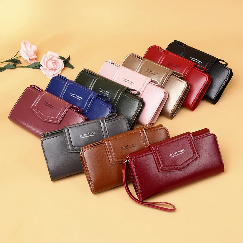 

Three Fold Women High Quality Long Wallet Wristlet Simple Zipper Multiple Cards Holder Leather Handbag Clutch Letters Fashion PU