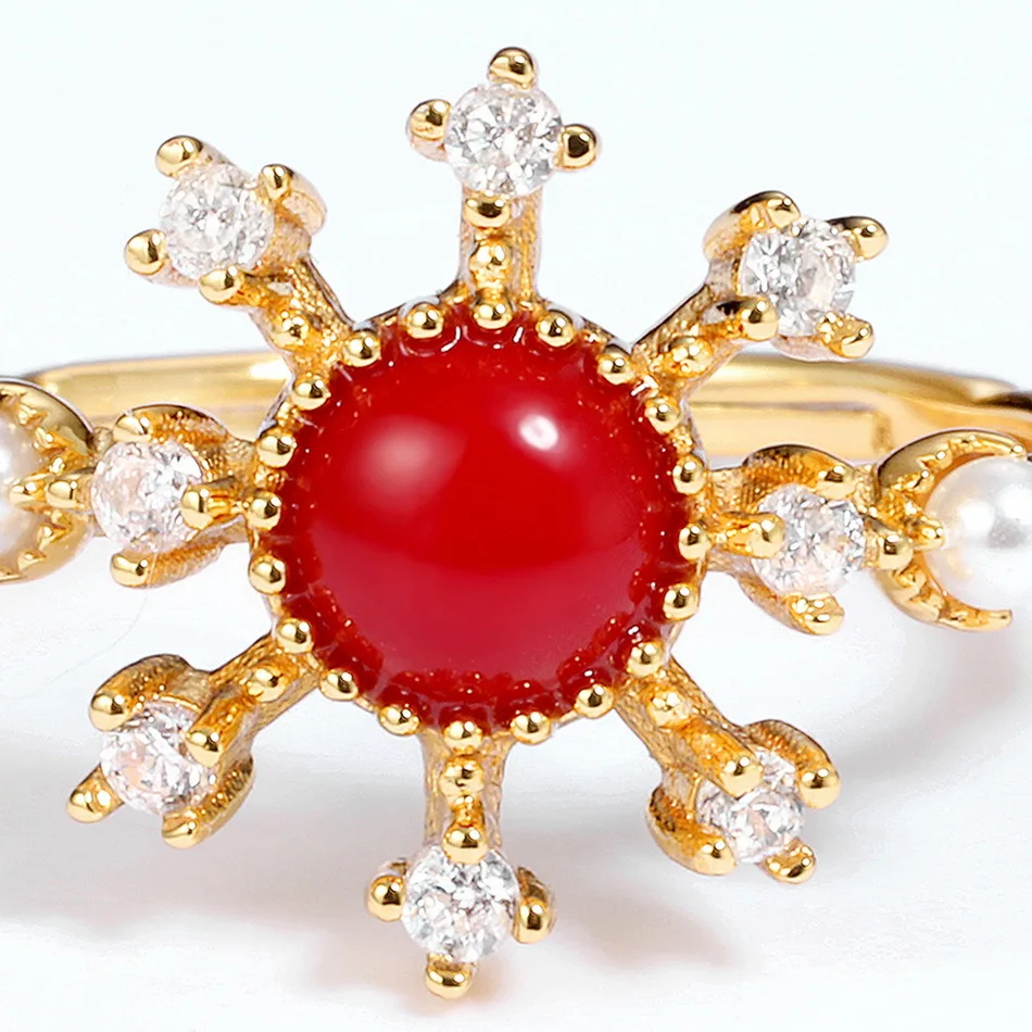 Trendy Delicate Snowflake Coral Crystal Pearl 925 Sterling Silver Rings for Women Female Upscale Fancy Gemstone Bands Jewelry