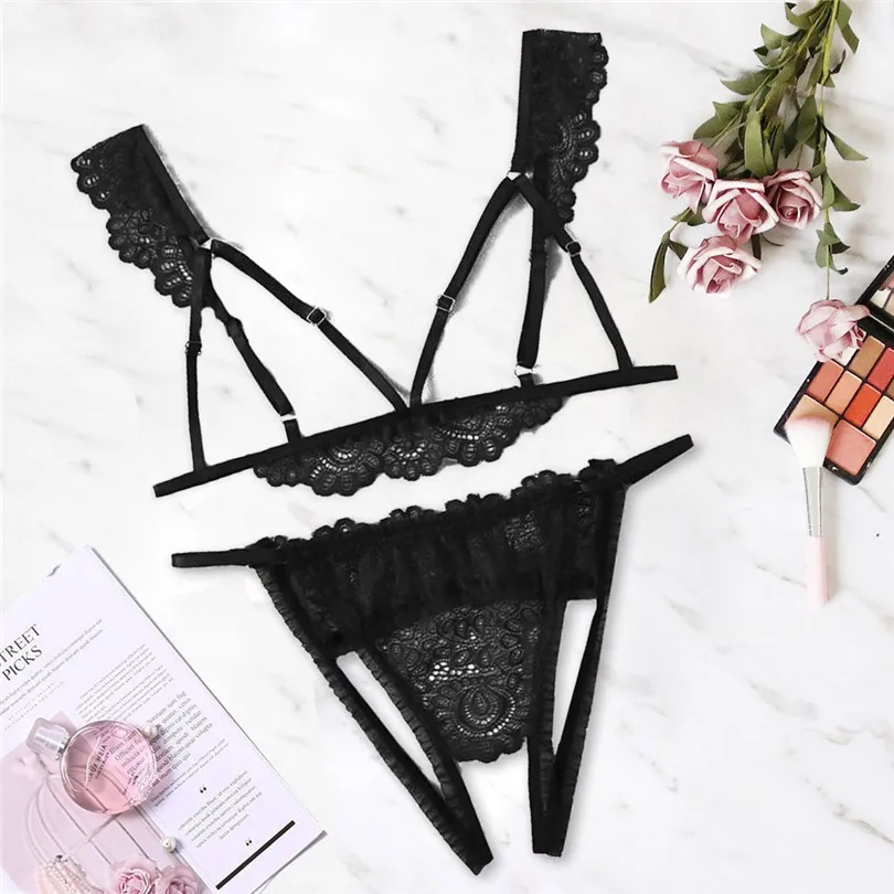 Hollow Bra +Thong Lingerie Set Plus Size Sexy Erotic Lingerie V-Neck Underwear S-2XL Soutien Gorge Sexy Erotique 30OCT237
