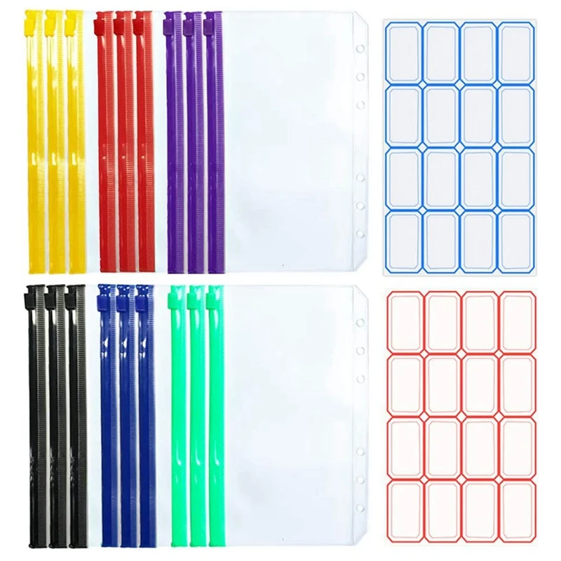 6 Colors, 24 Pack A6 Binder Pockets with Zipper Clear Cash Envelopes for Budgeting