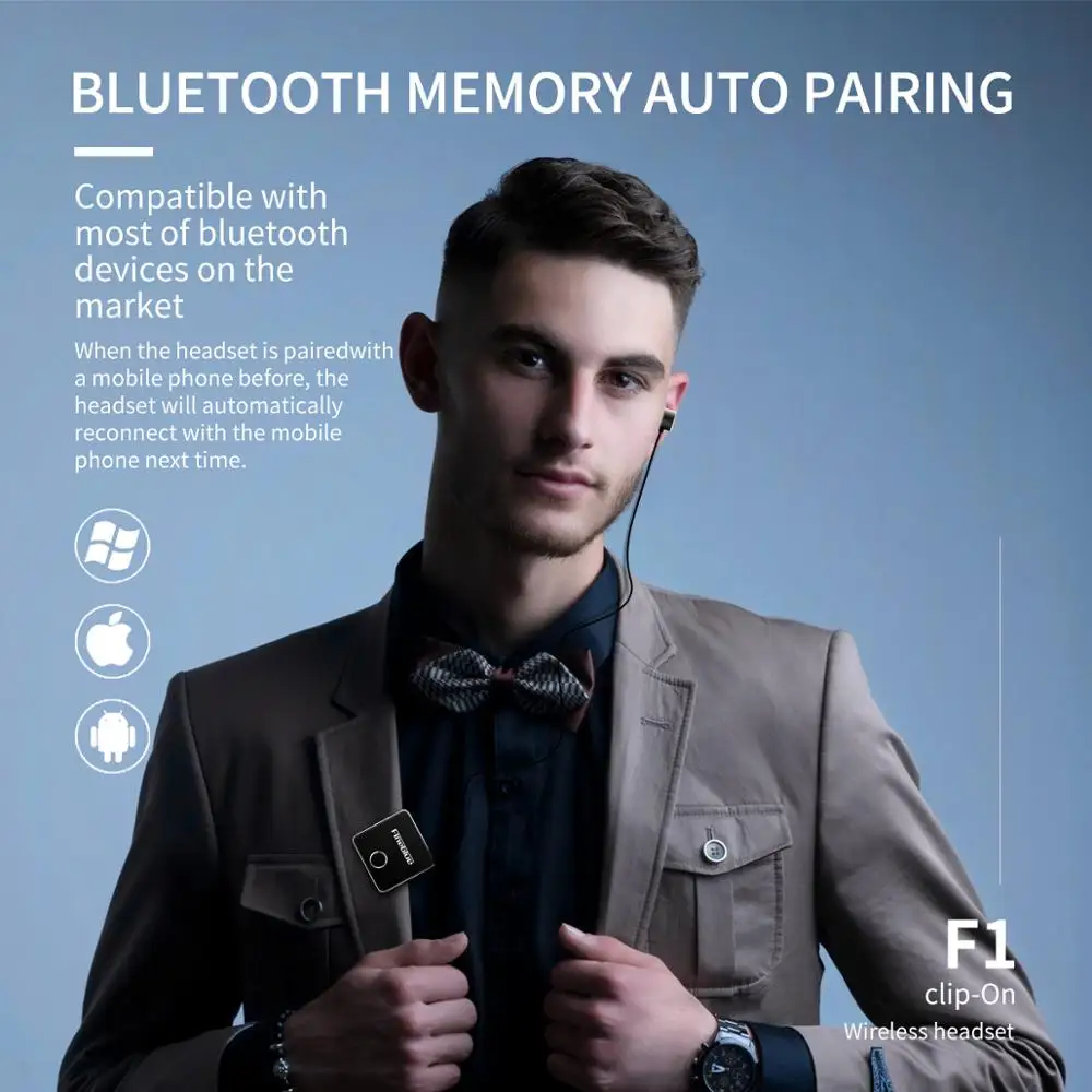 2PCS Fineblue F1  Wireless Business Bluetooth 5.0 Headset Sport Driver Earphone Telescopic Clip on Stereo Earbud Vibrate