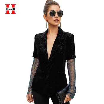 

Harrill Streetwear Jacket Women Outwear Black Velvet Coat Sequins Decorative Sleeves Patchwork Slim Jackets Women Outerwear