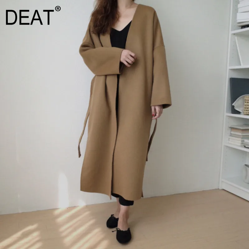 DEAT New Autumn Winter Women Clothes V-neck Full Batwing Sleeves Loose Woolen Coats High Quality WJ75004 korean