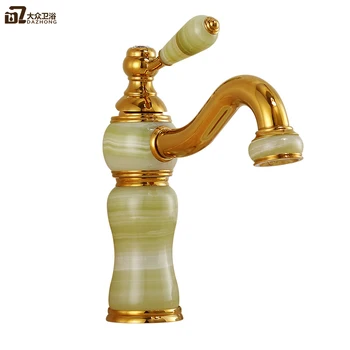 

Golden European Faucet Hot and Cold Washbasin Household Washbasin Faucet Bathroom Full Copper Jade Rotating Faucet
