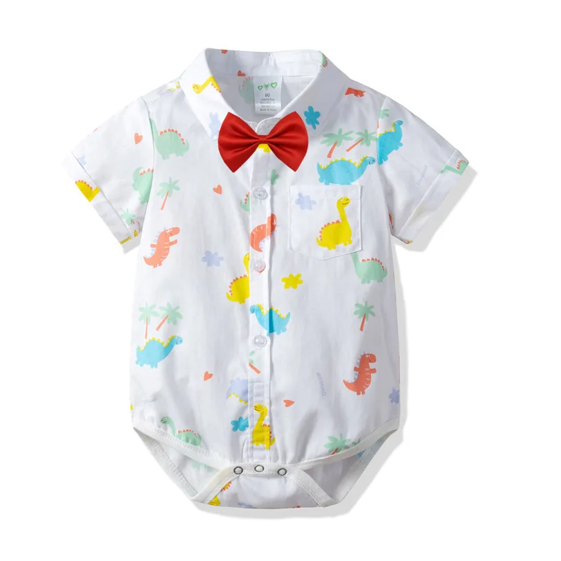 

2019 Baby Onesies Baby Short-sleeved Blouse Summer Newborn Boys Dinosaur Print Romper With Bow Tie Lovely Cartoon Baby Clothes
