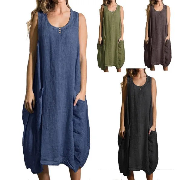 

Europe And America Large Size Loose Cotton Linen Sleeveless Dress Solid Color Pocket Medium-length Dress