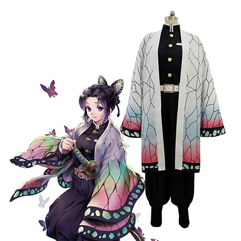 

Anime Demon Slayer Kimetsu No Yaiba Cosplay Costumes Kochou Shinobu Women Kimono Halloween Party Costume and Wig