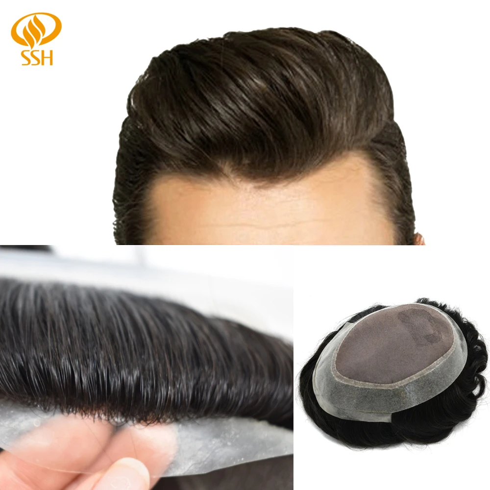 SSH тонкий моно мужской парик поли вокруг шиньоны ПУ парик черный человеческих волос прочный