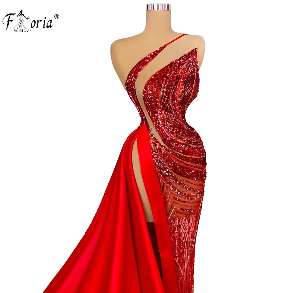 Dubai Sparkle Red Evening Dresses Thigh High Slit Ruched Beading Prom