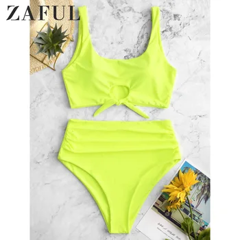 

ZAFUL Scooped Keyhole Tummy Control Tankini Swimsuit 2020 New Solid Knotted High Waist Split Ruched Tankini Two Pieces Swimsuit