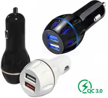 

1000pcs bowling type Quick 2.4a QC3.0 Dual USB Car Charger Adapter BLUE LED light 2USB Fast Charging For iPhone Samsung