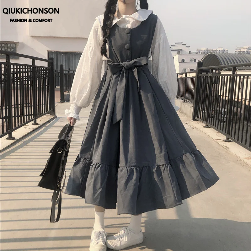Платье Qiukichonson женское с поясом милый мягкий сарафан бантом на шнуровке