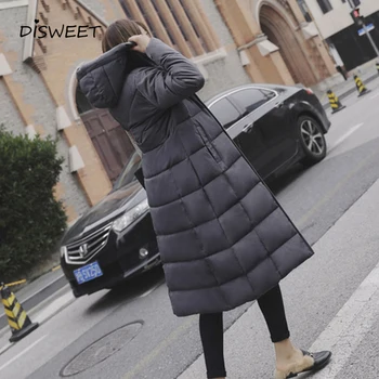 

Winter long cotton padded woman Simple long sleeve Straight hooded jacket ladies Casual cold warm high collar jacket plus size
