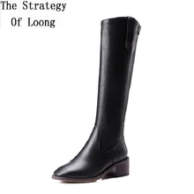 Женские винтажные высокие сапоги из натуральной кожи на среднем каблуке с пряжкой женские высокие мотоциклетные сапоги до колена на толстом каблуке с квадратным носком 20171215