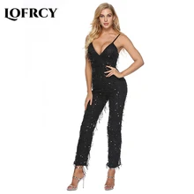 Lofrcy Sexy Spaghetti Strap Jumpsuits Women Deep V Neck Black Tassels Sequined Backless Party Jumpsuit Long Pants Sparkle Romper Lofrcy Sexy Spaghetti Strap Jumpsuits Women Deep V Neck Black Tassels Sequined Backless Party Jumpsuit Long Pants Sparkle Romper