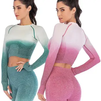 

Women Yoga Set Gym Clothing Ombre Seamless Gradient Leggings+Long sleeve Top Workout Sport Suit Women Fitness Set Active Wear SD